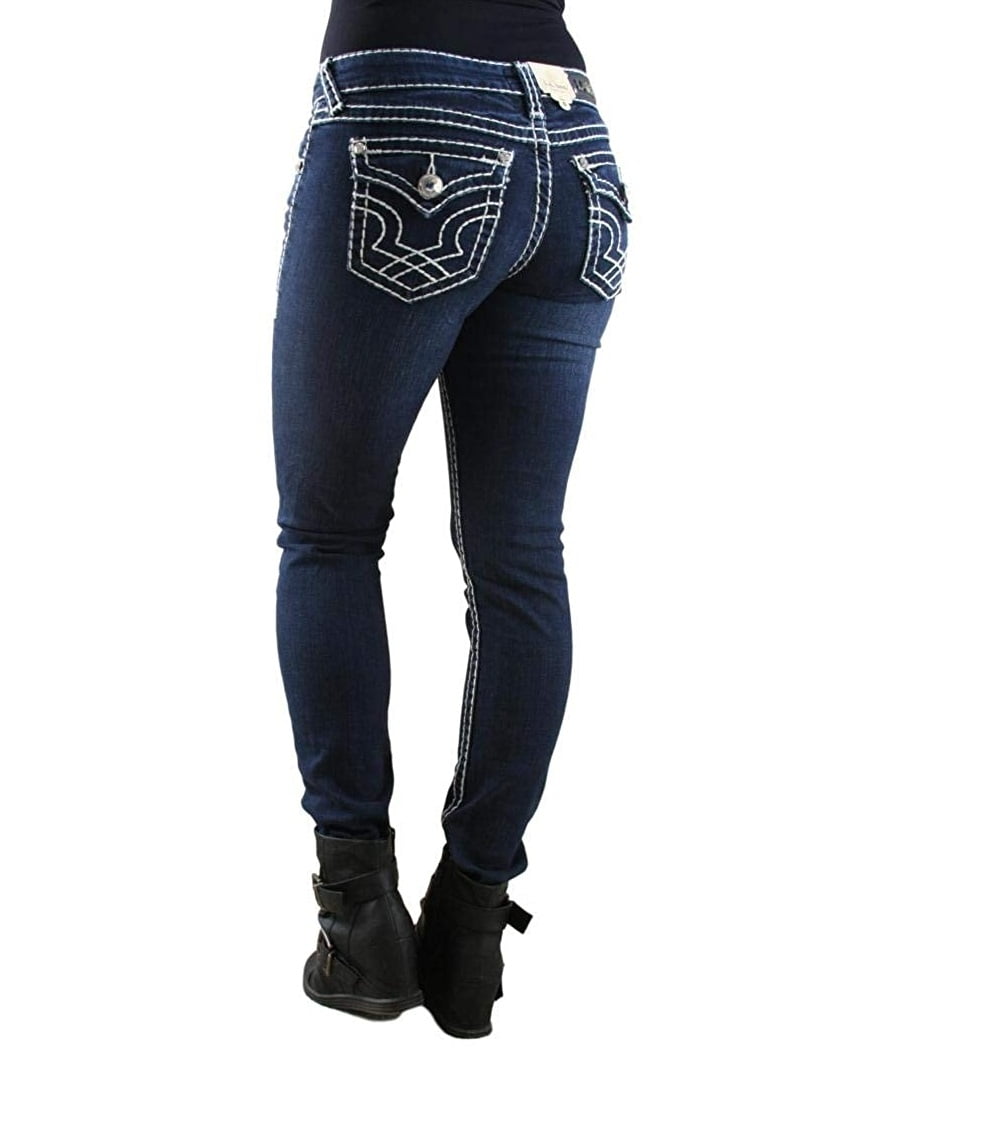 LA Idol Women's Rhinestone Mid Rise Skinny Dark Blue Denim Jeans Pants ( La  Idol Dark Skinny 1208nr ) - Walmart.com
