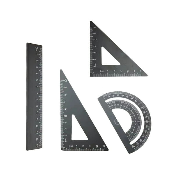 Juego de reglas de aleación de aluminio, kit de dibujo de 4 piezas con regla recta, reglas triangulares y transportador, para geometría y exámenes, uso seguro con bordes redondeados, caja de almacena