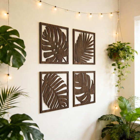 Wood Wall Art for Living Room,4 Pcs Floral Wooden Wall Hanging Tropical Wooden Wall Art Decor Over the Bed, Botanical Wood Wall Panels, Gift for Living Room and Bedroom