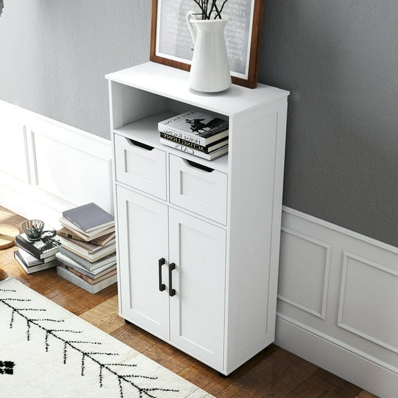 White Storage Cabinet with Adjustable Shelves - Double-Door Design for Living Room and Dining Room