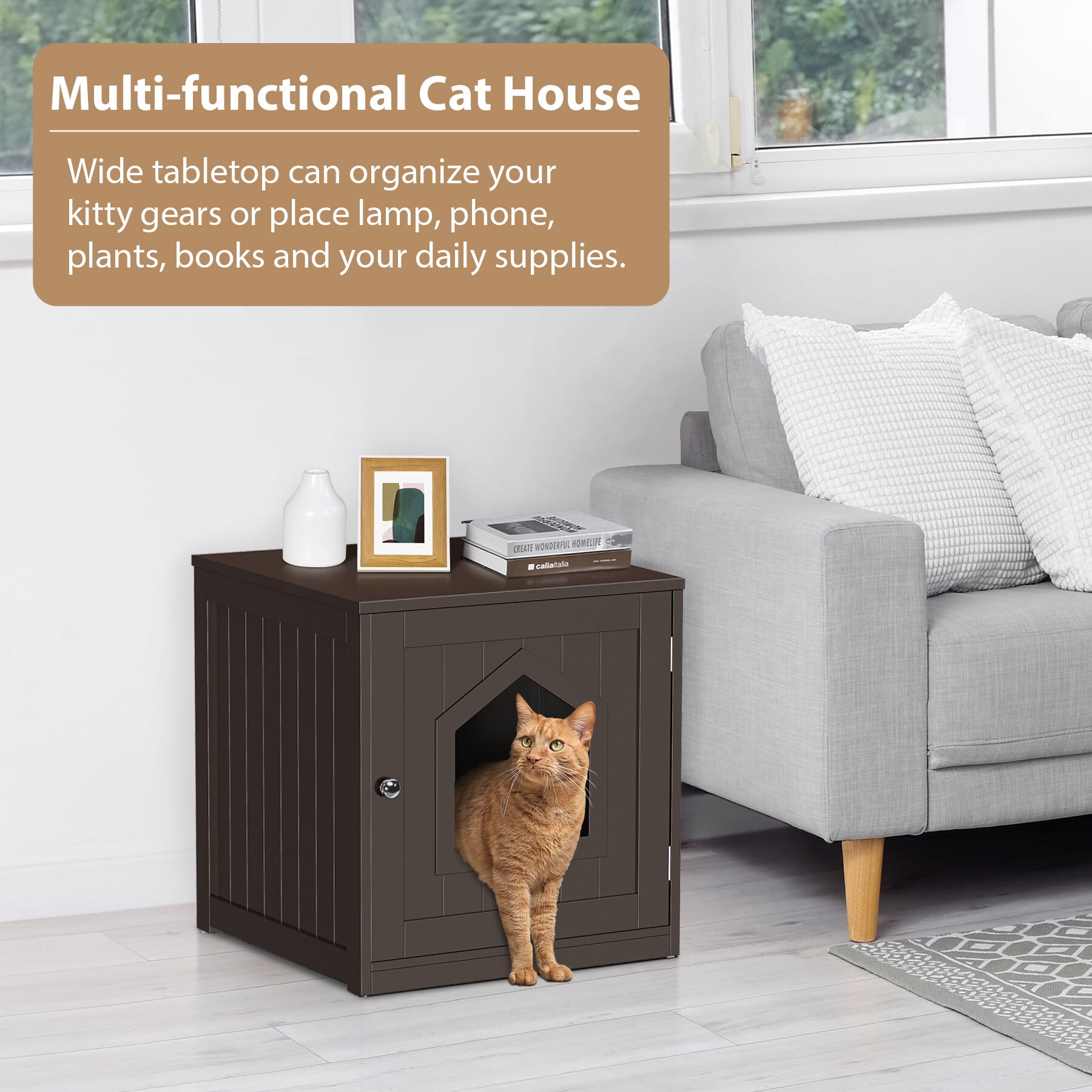 HomGarden 20'' Brown Cat Washroom Pet House Hidden Litter Box Enclosure & MDF Side Table