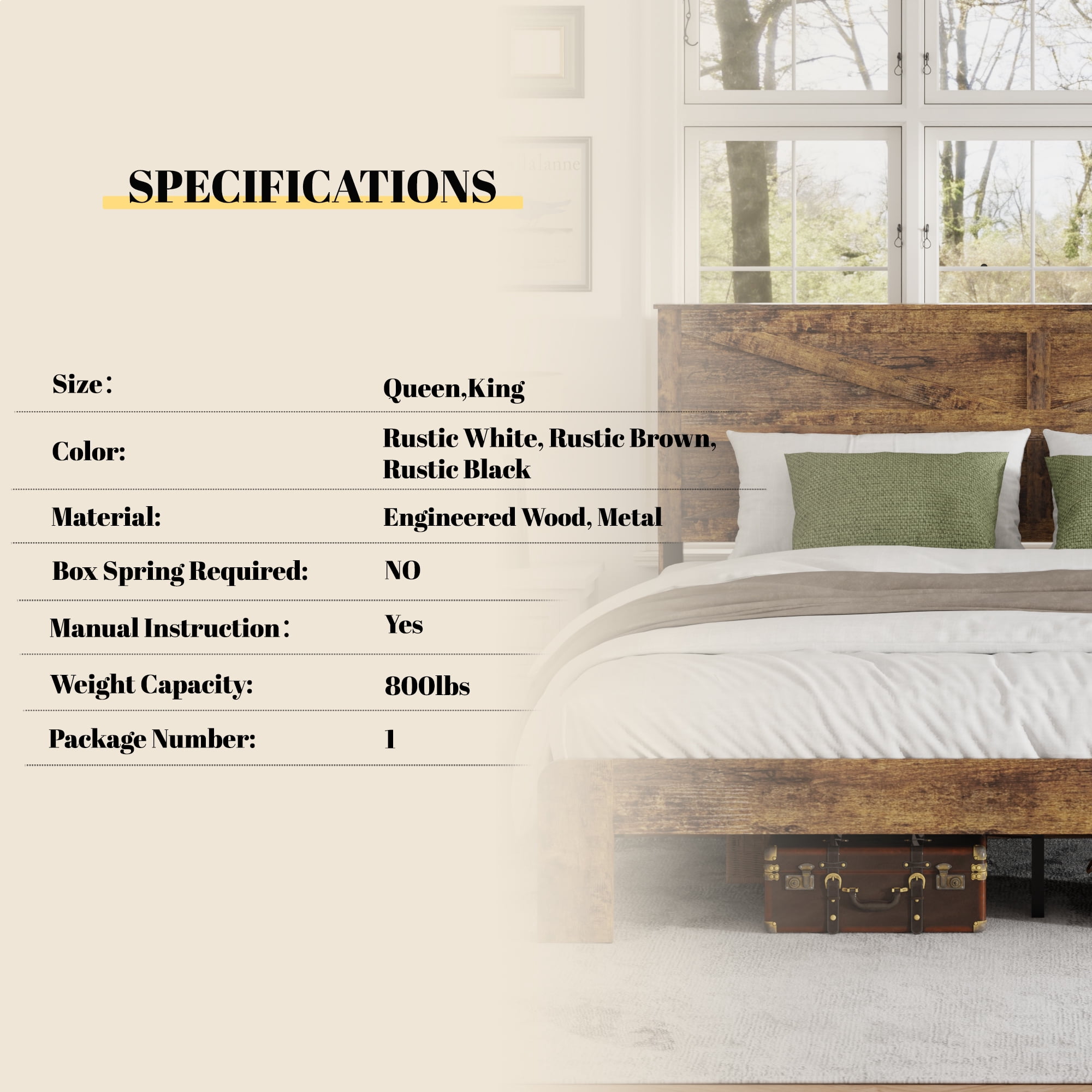 King Size Farmhouse Wooden Bed Frame with Headboard, Boho Platform Bedframe Sturdy Metal Slats Support, No Spring Mattress , Silent Operation, Easy Assembly (King, Brown)