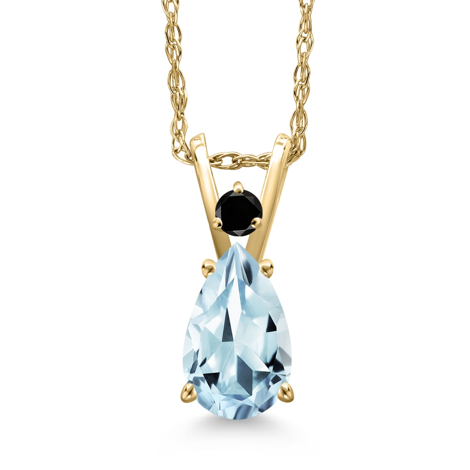 Gem Stone King 14K Yellow Gold Sky Blue Aquamarine and Black Diamond Pendant Necklace for Women | 0.79 Cttw | Gemstone March Birthstone | Pear Shape 8X5MM | With 18 inch Chain
