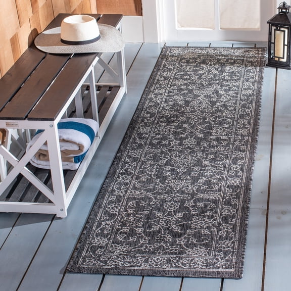 SAFAVIEH Courtyard Darin Botanical Indoor/Outdoor Runner Rug, Black/Ivory, 2'3" x 5'
