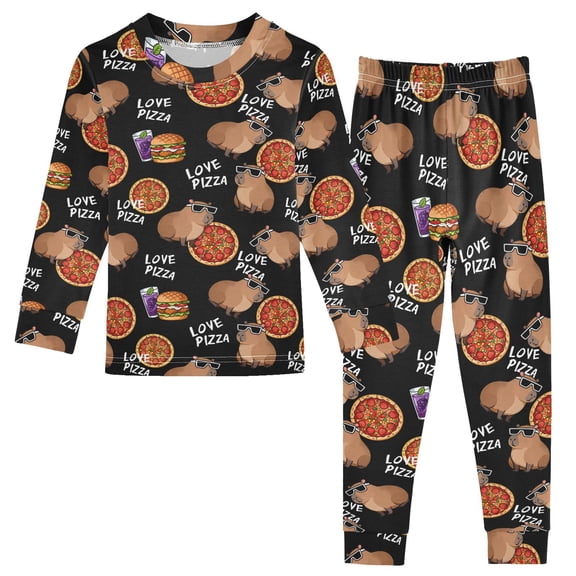 joogoo Capybara and Pizza 2 Piece Long Sleeve Tee and Pants Cotton Pajama Set 4T