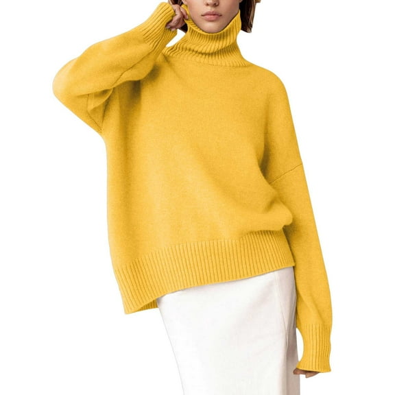 SGMVNU Women's Turtleneck Sweater Long Sleeve Knitted Pullover High Low Hem Trendy 2025 Fall Winter Basic Jumper Top Yellow, Size M