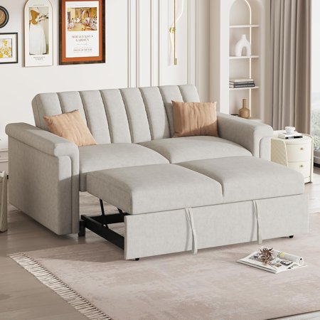 WUXOFU 61" Corduroy 2-in-1 Modern Convertible Sleeper Sofa,Modern Loveseat Chaise Pull Out Bed,with Reclining Adjustable Backrest,Living Room Furniture Couch for Apartment Bedroom,Beige