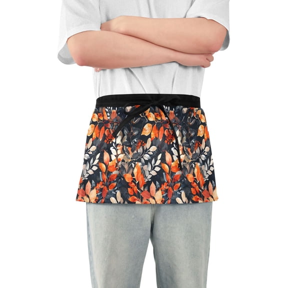 Server Apron with 3 Pockets Waterproof Waitress Waist Short Apron for Man Woman Watercolor Floral Leaves 12 Inches