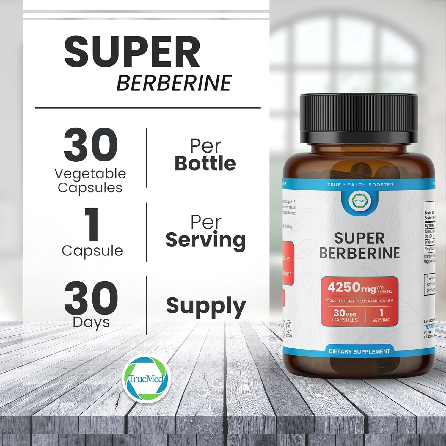 TrueMed Super Berberine 4250 mg with Ceylon Cinnamon & Dihydroberberine | Metabolic Support & Cardiovascular  Health Support Supplement, 30 Vegetable Capsules