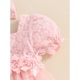 thumbnail image 6 of Argulvti Infant Baby Girls Summer Romper Dress with Bow Headband 3D Flower Short Puff Sleeve Square Neck Tulle Jumpsuit, 6 of 7