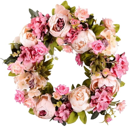 LYCAQL Peony Wreaths for Front Door Artificial Spring Summer Flower Door Wreath 16 Inch Fall Wreaths for Outdoor Wedding Wall Home Wreath Decor (Pink)