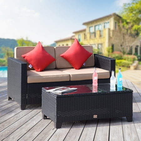 Outdoor Patio Table Tops Cloud Mountain 2 PC Rattan Furniture Bistro Set Outdoor Wicker Patio Garden Loveseat Glass Top Table, Black Rattan with Khaki Cushions ()