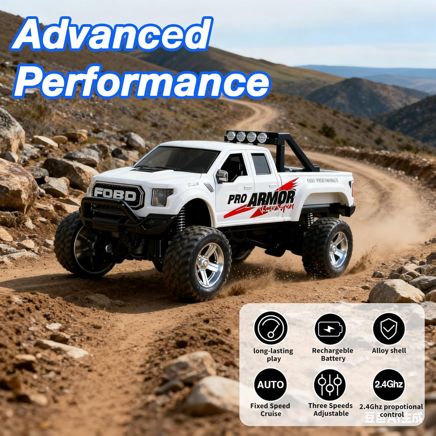 Mini RC Truck, 1/64 Scale Alloy Remote Control Monster Truck with Lights, 2.4GHz Remote Control Car, Mini Monster Truck with Trailer,Speed & Steering Adjustable White