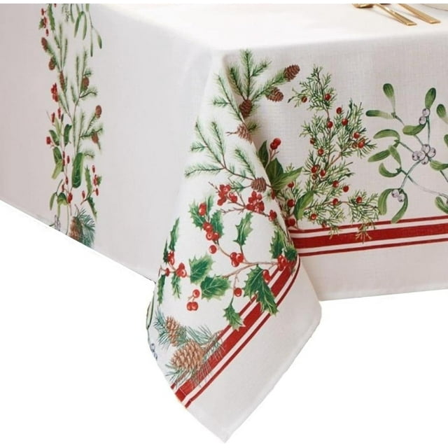 Home Fashions Winter Holiday Berry Bordered Tablecloth, Decorative Christmas Table Cover, 60" X 84", Oblong, Multi Color