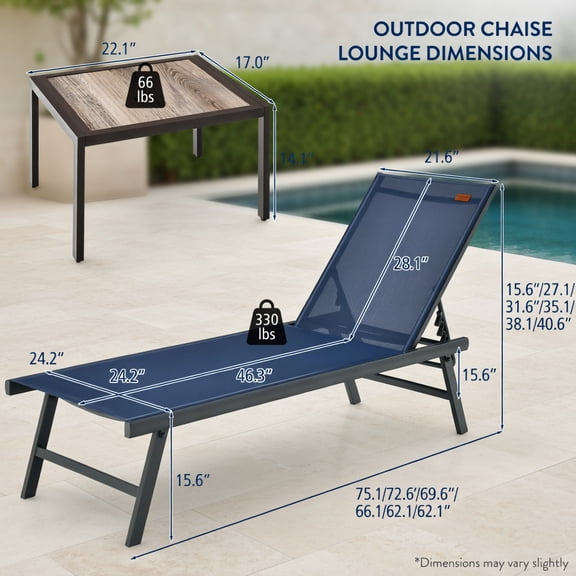Resenkos Outdoor Chaise Lounge Chair, 3 Pieces Patio Chaise Lounge Chair and Table Set for Poolside Yard-Navy, Portable Recliner for Lawn Garden Beach Yard