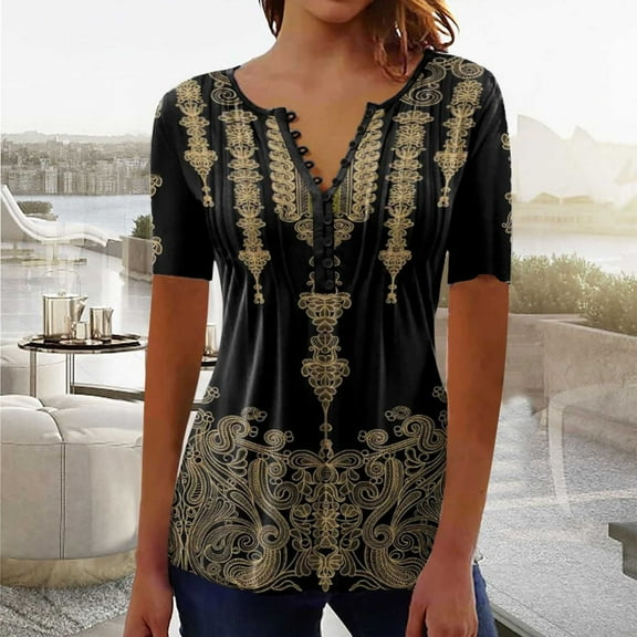 Gold Women's Short Sleeve T-shirt, Women'S Summer New Chest Button Pleated Casual Short Sleeved T Shirt Women'S Top,Women's Short sleeve T-shirt XL