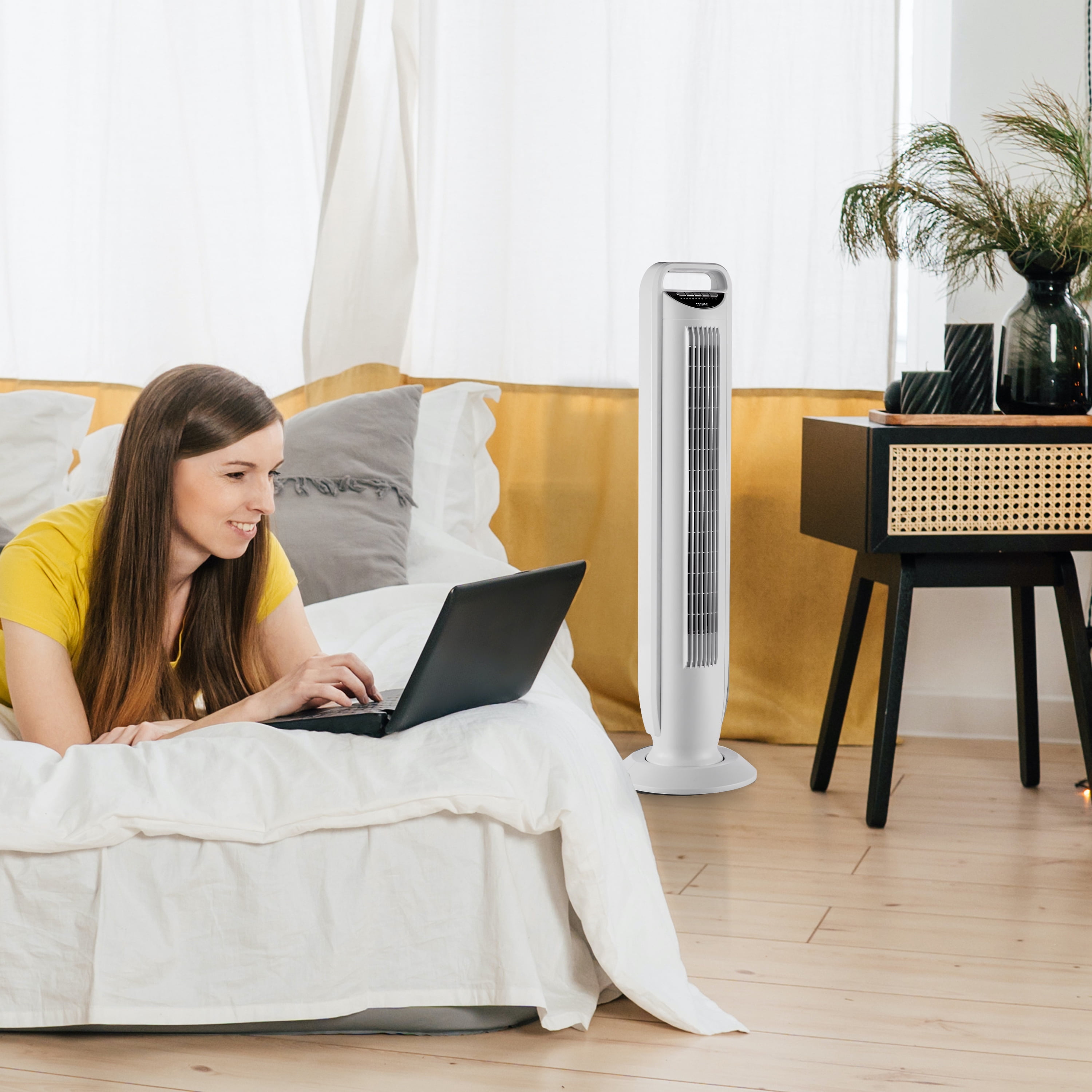 Seville Classics UltraSlimLine New Five-Speed Lightweight Oscillating Tower Fan with Remote, White