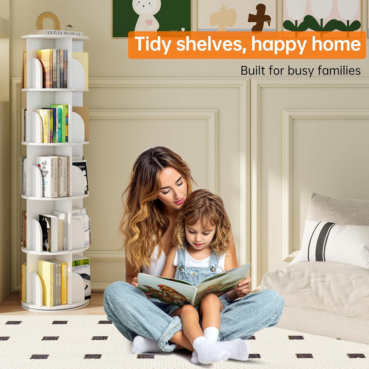 Rotating Bookshelf 5 Tier, 360 Degree Spinning Corner Bookcase with Lazy Susan, White Space Saving Tower Organizer for Small Spaces, Bedroom, Living Room, Adults