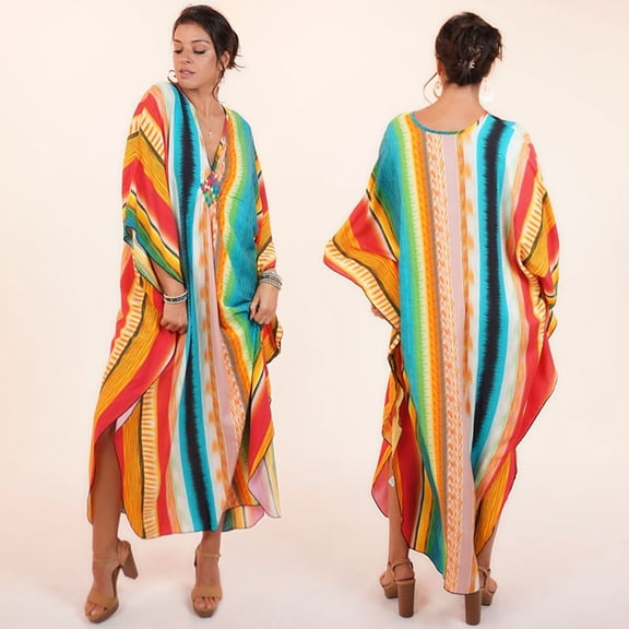 Shawl Dawls Women Cover-up V Neck Oversized Sleeve One Size Beach Kaftan Vacation Dress-STRIPE MULTI