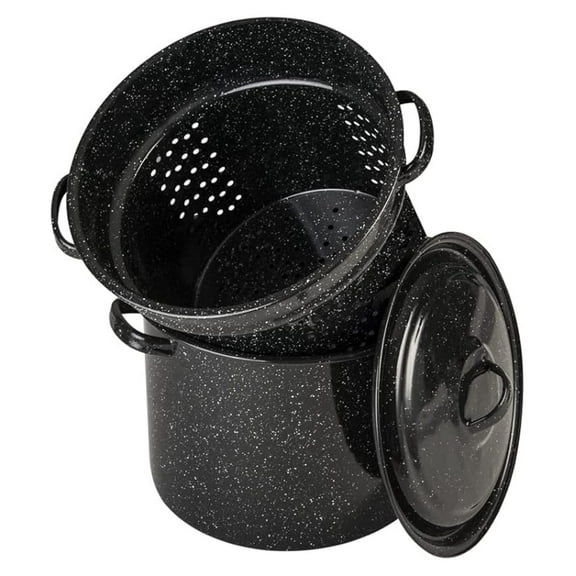 Pasta Pot Set 7.25 Qt 3-Piece Speckled Black - Strainer & Lid - Stockpot for Seafood, Soup, Sauce - Dishwasher Safe - Multi-Use Cookware