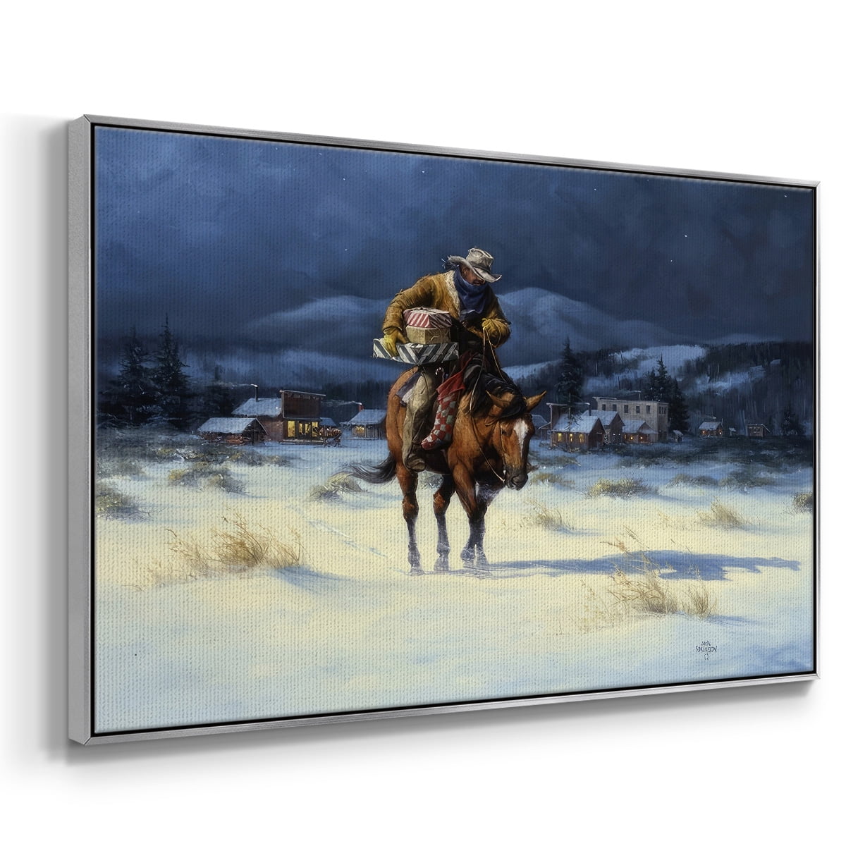 Bringing Christmas Home - Framed Gallery Wrapped Holiday Canvas - 27 x 41 - Silver Frame
