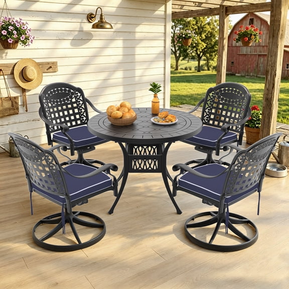 5-Piece All-Weather Cast Aluminum Dining Set, 4 Swivel Chairs & 39.37" Round Table, Black Frame, 350lbs Seat Capacity, Cushions Included, Outdoor Patio Furniture