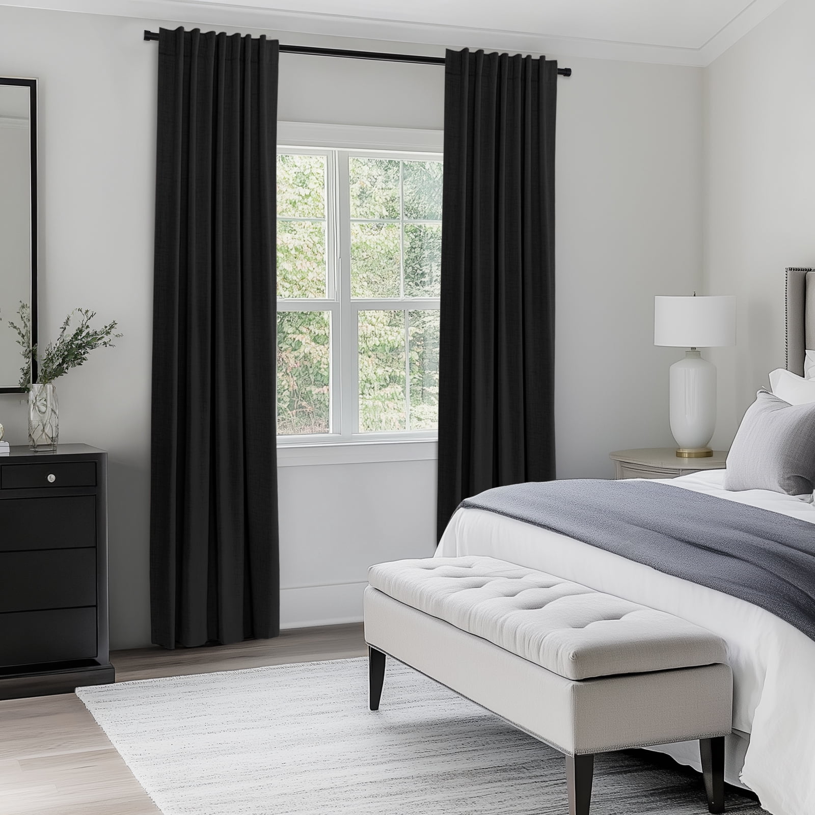 100% Blackout Curtains,50"Wx96"L Faux Linen Textured Back Tab/Rod Pocket Curtain,2 Panels Set,Thermal Insulated Curtains for Livingroom,Black