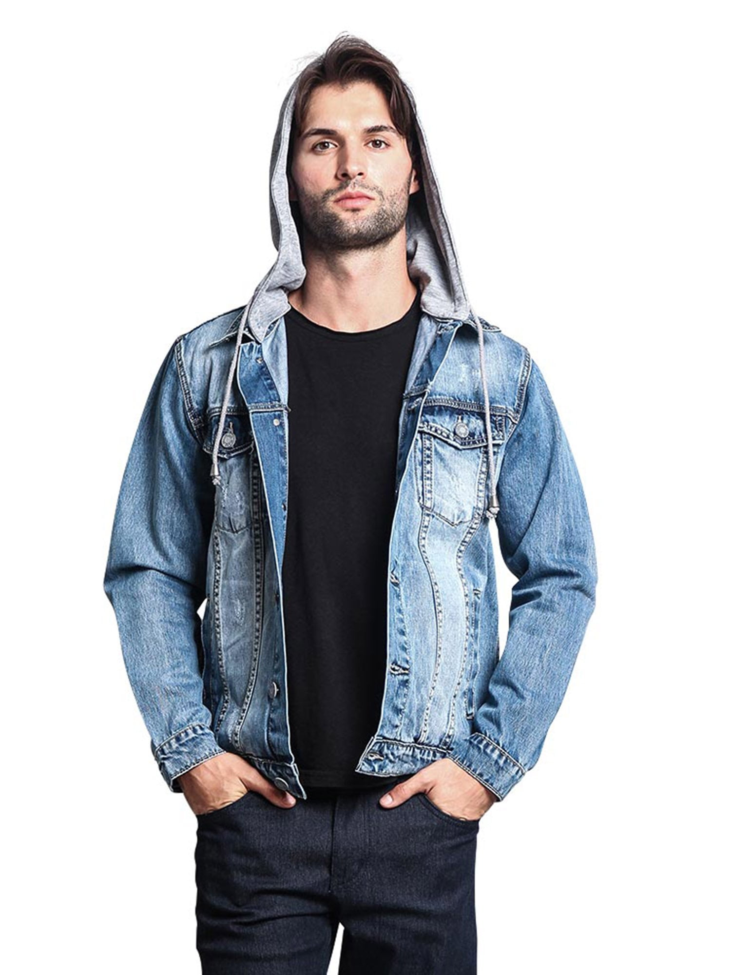 Victorious Men's Hoodie Layered Distressed Denim Jacket with