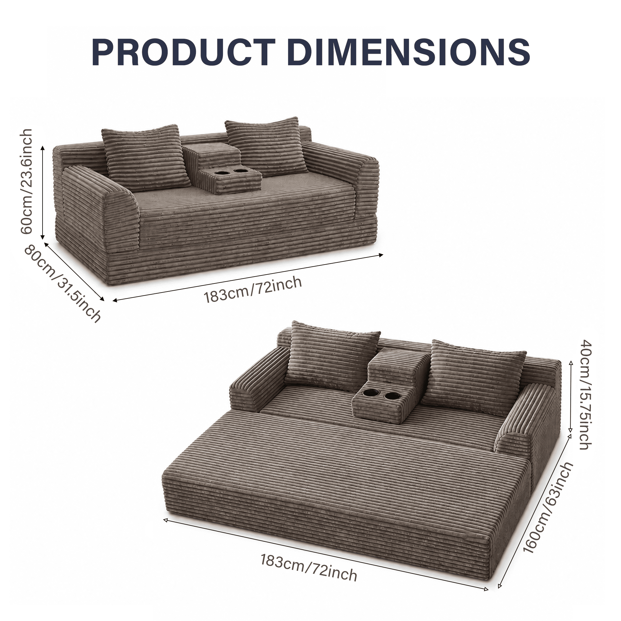 Leumius Futon Sofa Bed,Folding Boneless Couch with Cup Holders，Chenille Pull Out Sofa Bed with 2 Pillows or Living Room & Bedroom,Coffee