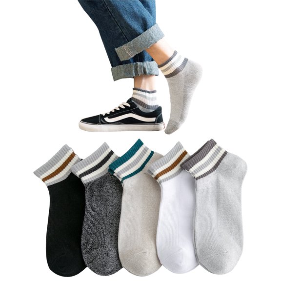 WoWstyle Men's Ankle Socks Low Cut Stripe Cushioned No Show Athletic Moisture Wicking Size 5-10 Socks for Men 5 Pairs