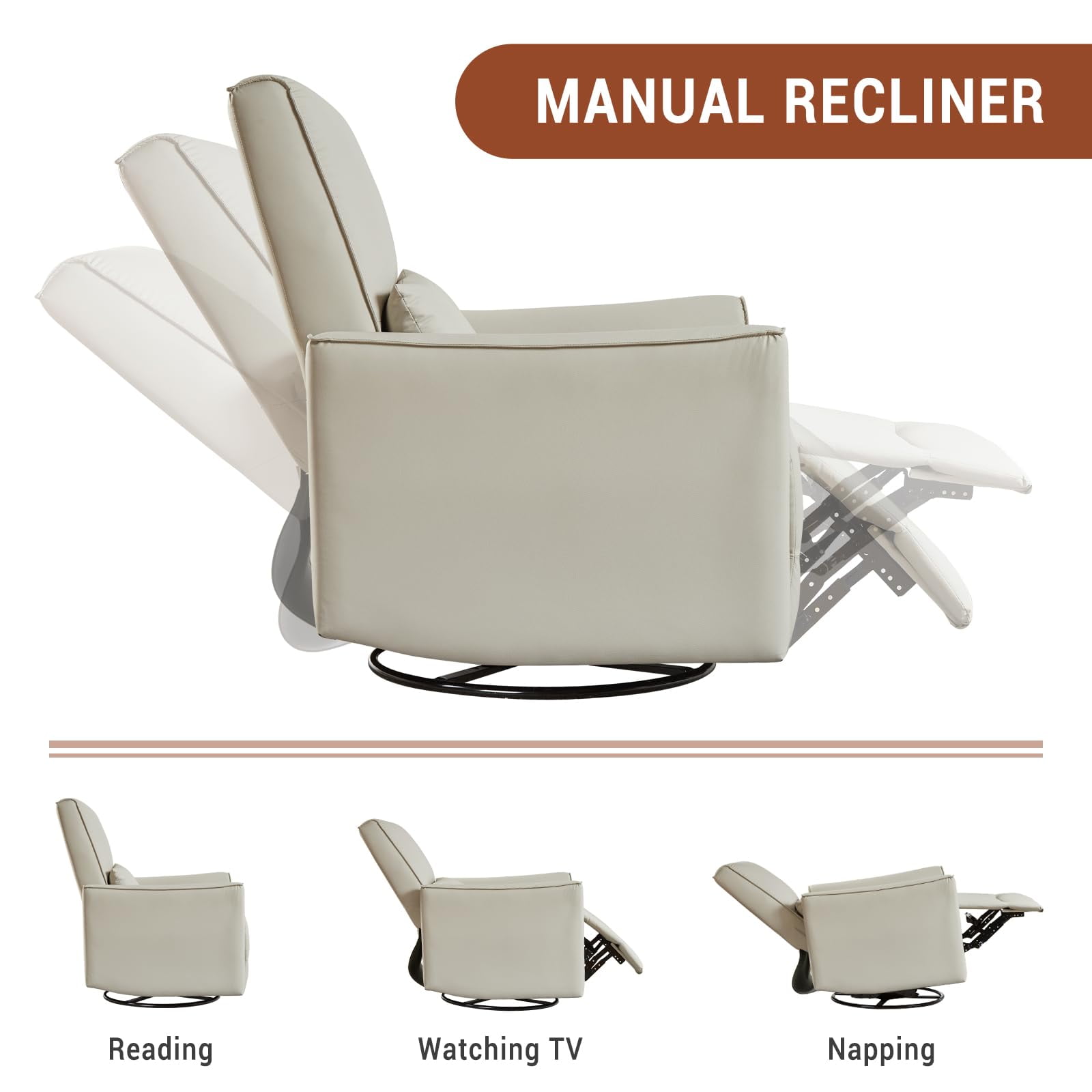 TROPOW 360° Swivel, Rocking Chair Nursery, Glider Rocker Recliner, PU Leather Sofa Chair with high Back, Deep Seat for Nursery, Living Room, Bedroom, Beige