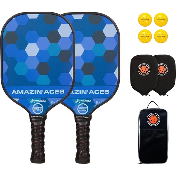Amazin' Aces Signature Pickleball Set with 2 Graphite Face Paddles & Balls, Blue, USAPA Approved