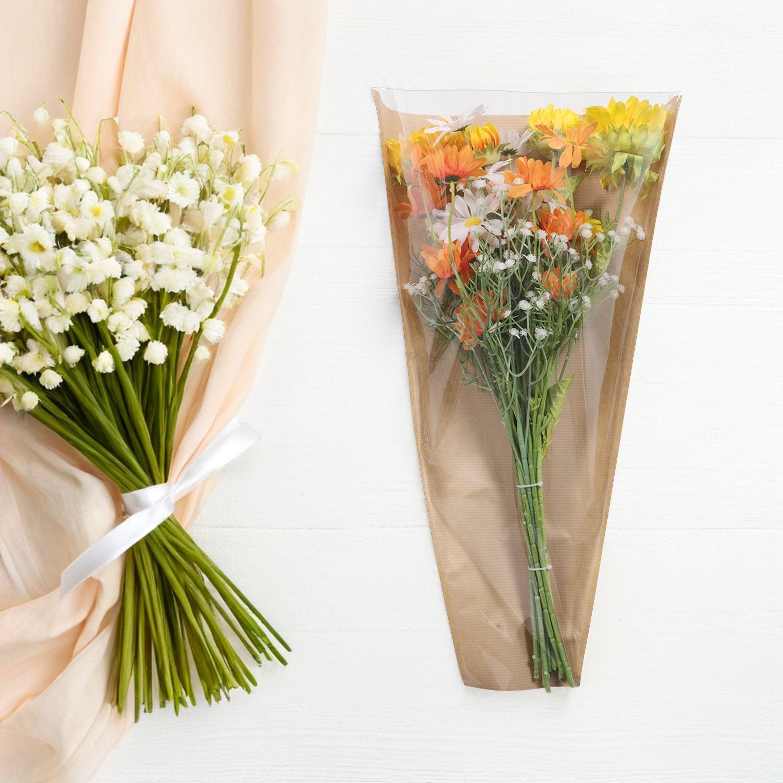 RENACLIPY Clear Floral Wrapping Bags with Brown Paper Design, 50 Pieces for Birthday Party Favors and Decorations