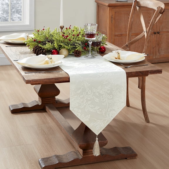 Elrene Home Fashions Poinsettia Elegance Jacquard Holiday Table Runner, Ivory, 13" x 70"