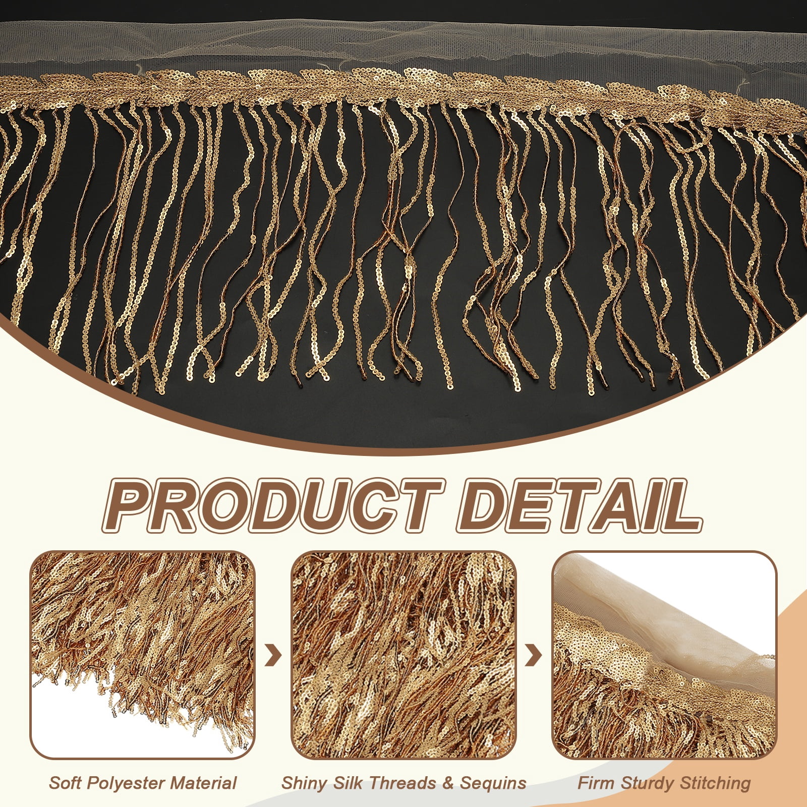 Uxcell 10 Yards 10 Inch Shiny Sequined Tinsel Fringe Trim, Sparkling Spangle Curtain Fringe Paillette Lace Fabric Streamer for DIY Latin Dance Costume Clothing Birthday, Gold