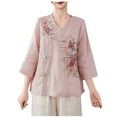 thumbnail image 2 of Busydd Womens Tops Plus Size M-4XL Casual Solid Color 1/2 Length Sleeve Summer Tops for Women Trendy Embroidered V Neck Cotton Linen Shirts Spring Loose Going Out Tops for Women, 2 of 3