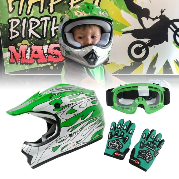 TCMT Helmet for Kids Green Flame with Goggles and Gloves DOT Youth helmet for Atv Mx Motocross Offroad Street Dirt Bike XL Size