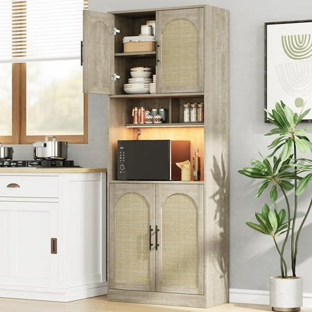 Accreate Kitchen Pantry Cabinet with RGB Light Tall Kitchen Hutch Bar Cabinet with Microwave Stand Farmhouse Large Wood Storage Cabinet with Barn Doors & 2 Open Shelves Cupboard for Dining Room