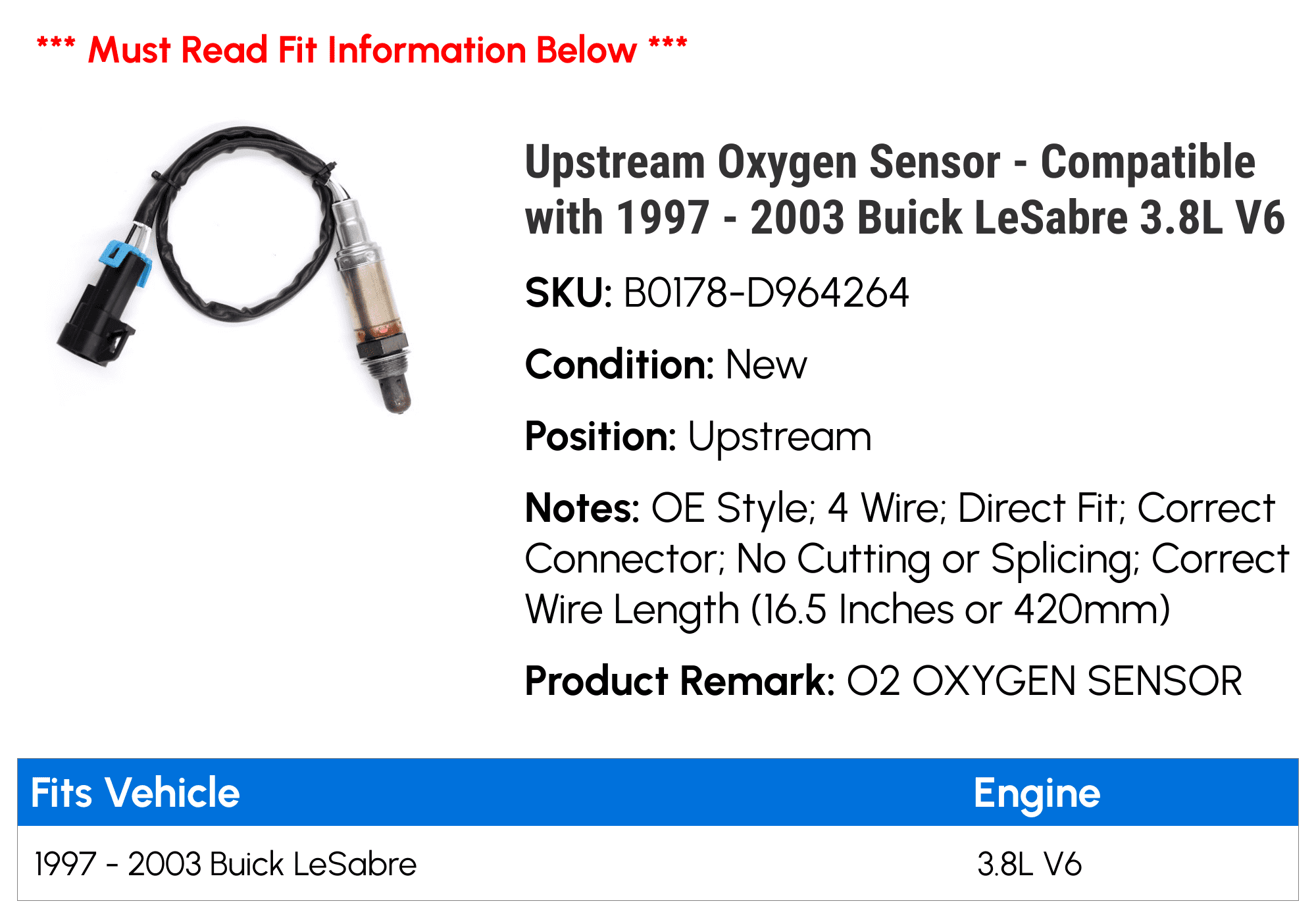 Upstream Oxygen Sensor - Compatible with 1997 - 2003 Buick LeSabre 3.8L V6 1998 1999 2000 2001 2002