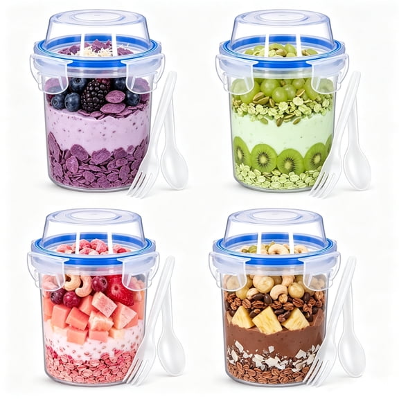 Brabtod 2-Tier Breakfast Yogurt Parfait Cups , Airtight Overnight Oats Container with Built-in Spoon & Fork, BPA-Free Portable Plastic Storage Cup for Cereal, Milk, Nuts & Fruit, Dishwasher Safe