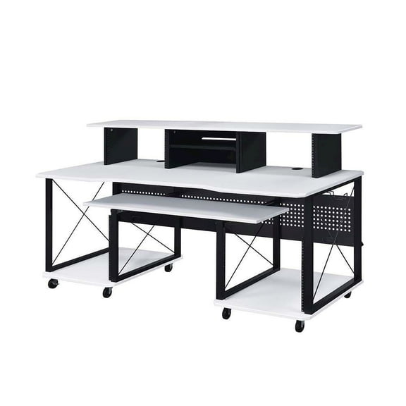 ACME Megara Storage Rectangular Music Desk with Metal Frame in White and Black