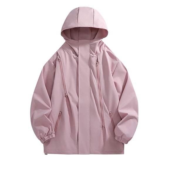 BLTIBY Men's Japanese Cargo Rain Jacket Outdoor Waterproof Hooded Jackets Lightweight Windbreaker with Zipper Pockets Pink L