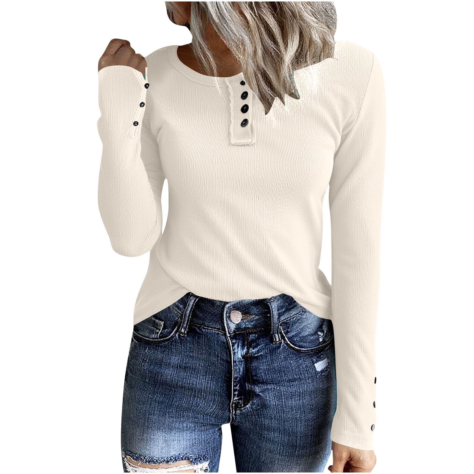 Oplxuo Women’s Long Sleeve Henley T Shirts Button Down Slim Fit Tops Scoop Neck Ribbed Knit Shirts