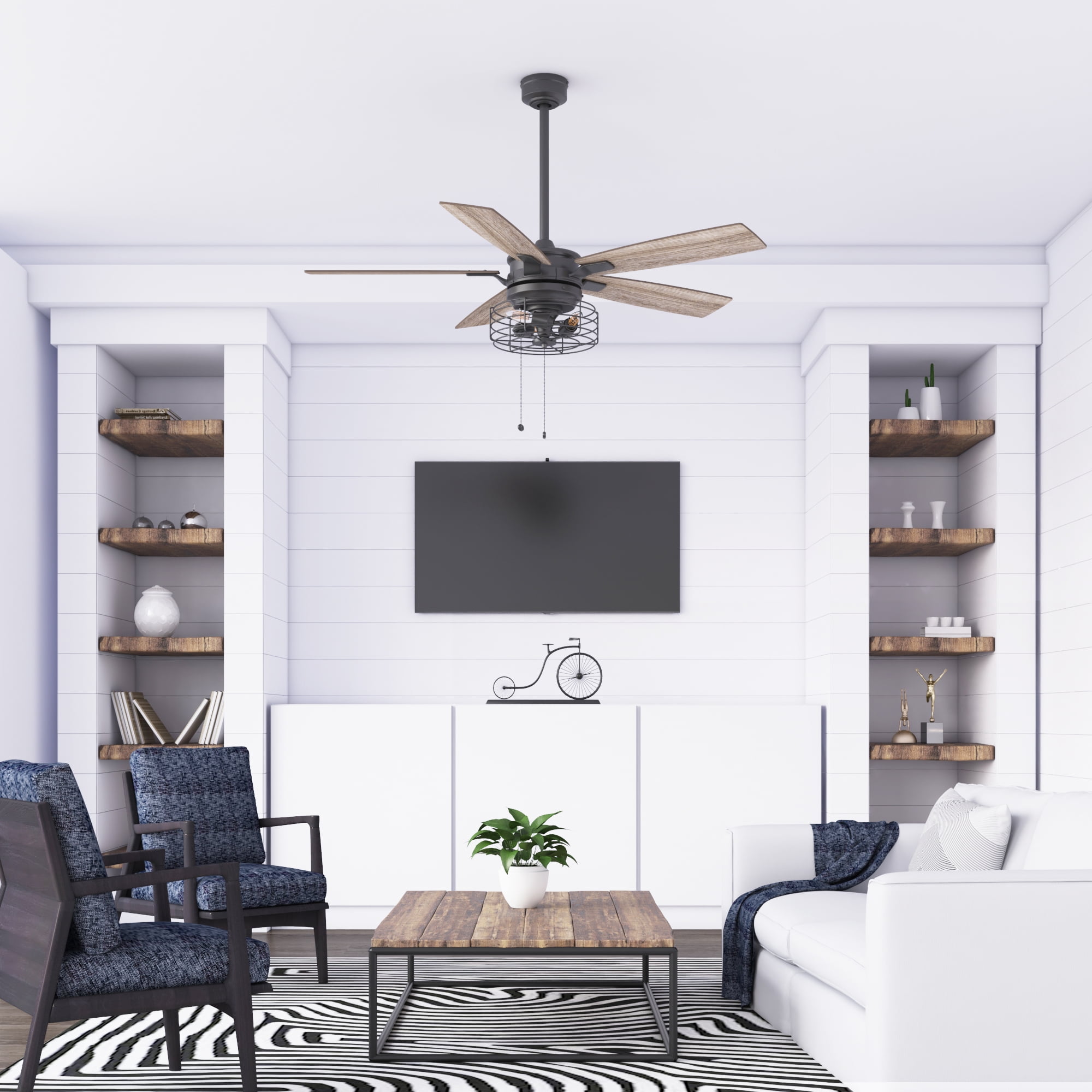 Prominence Home Cypher 52" Black Industrial Ceiling Fan with 5 Blades, Cage Light Kit, Pull Chains & Reverse Airflow