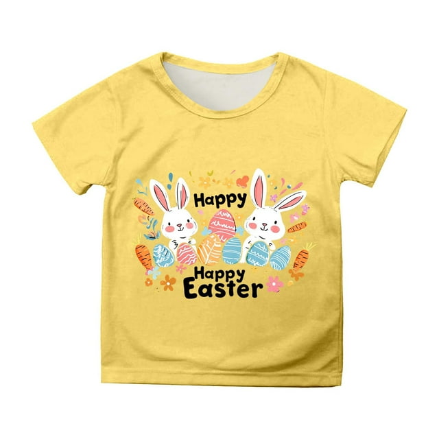 MIASHUI Happy Easter T shirt Boys Girls Rabbit Graphic Printed Tee Casual Short Sleeve Tops,Yellow,3-4 Years