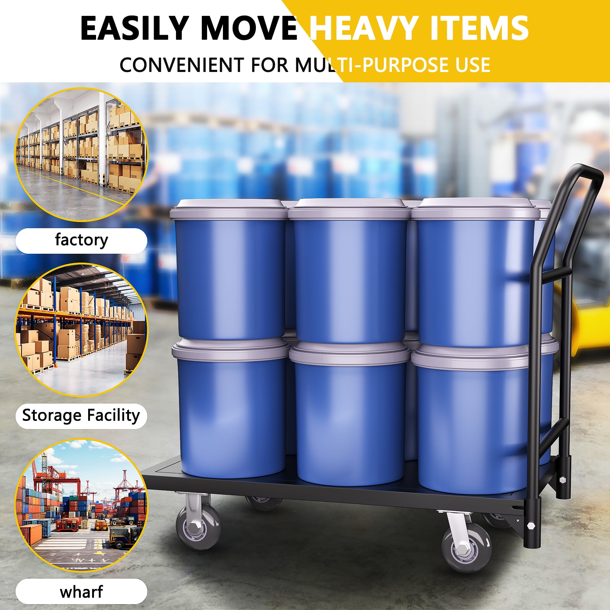 HOHYN Heavy-Duty Utility Push Carts, 2000 lbs Load Rating Steel Flatbed Cart, 47" Length x 24" Width x 32" Height Flat Dolly, Hand Trucks with 5" Nylon Casters, Platform Truck for Luggage Moving