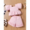 thumbnail image 6 of Aojekbee Baby Girl Summer Outfits Short Sleeve Bow Front Ruffle Tops + Shorts Set Toddler 2Pcs Clothes, 6 of 10