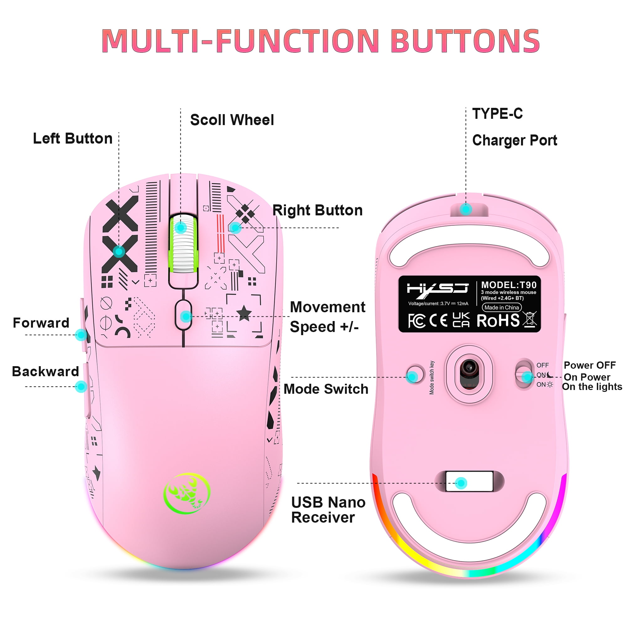 UHM Wireless Gaming Mouse,Colorful RGB Backlight,3600 DPI,Long Battery Standby,3 Mode USB-C/2.4G/Dual Bluetooth 5.3 Portable Rechargeable Gaming Mice for PC/PS5/Mac Computer and Laptop/Tablet,Pink