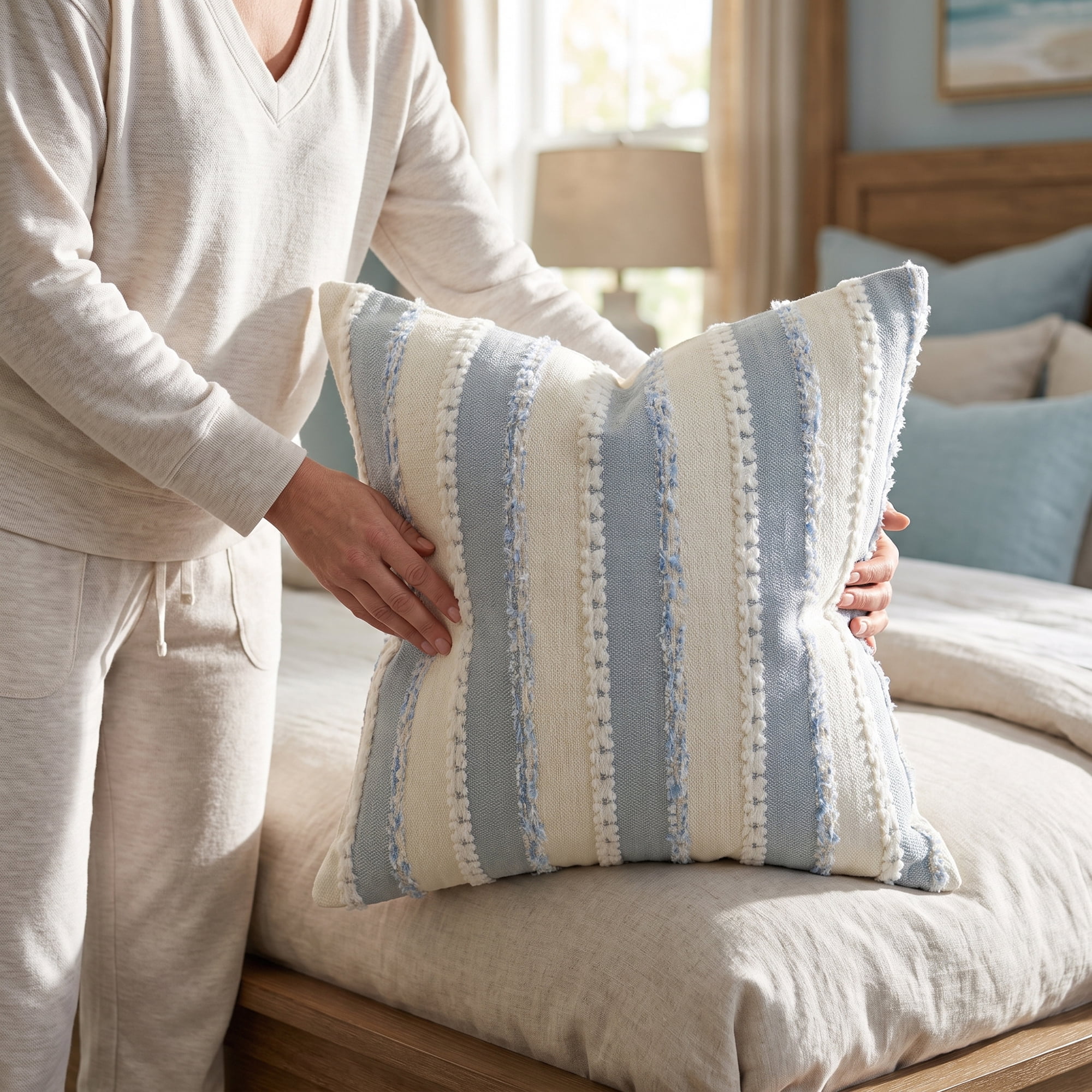 Unique Bargains 2Pcs Textured Frayed Striped Throw Pillow Covers Light Blue 18"x18"