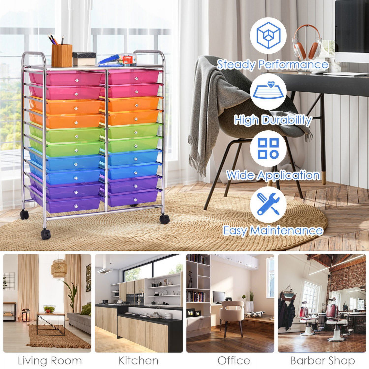 Demi Bonn 20 Drawers Storage Rolling Cart Studio Organizer with 4 Universal Casters, Transparent Multicolor